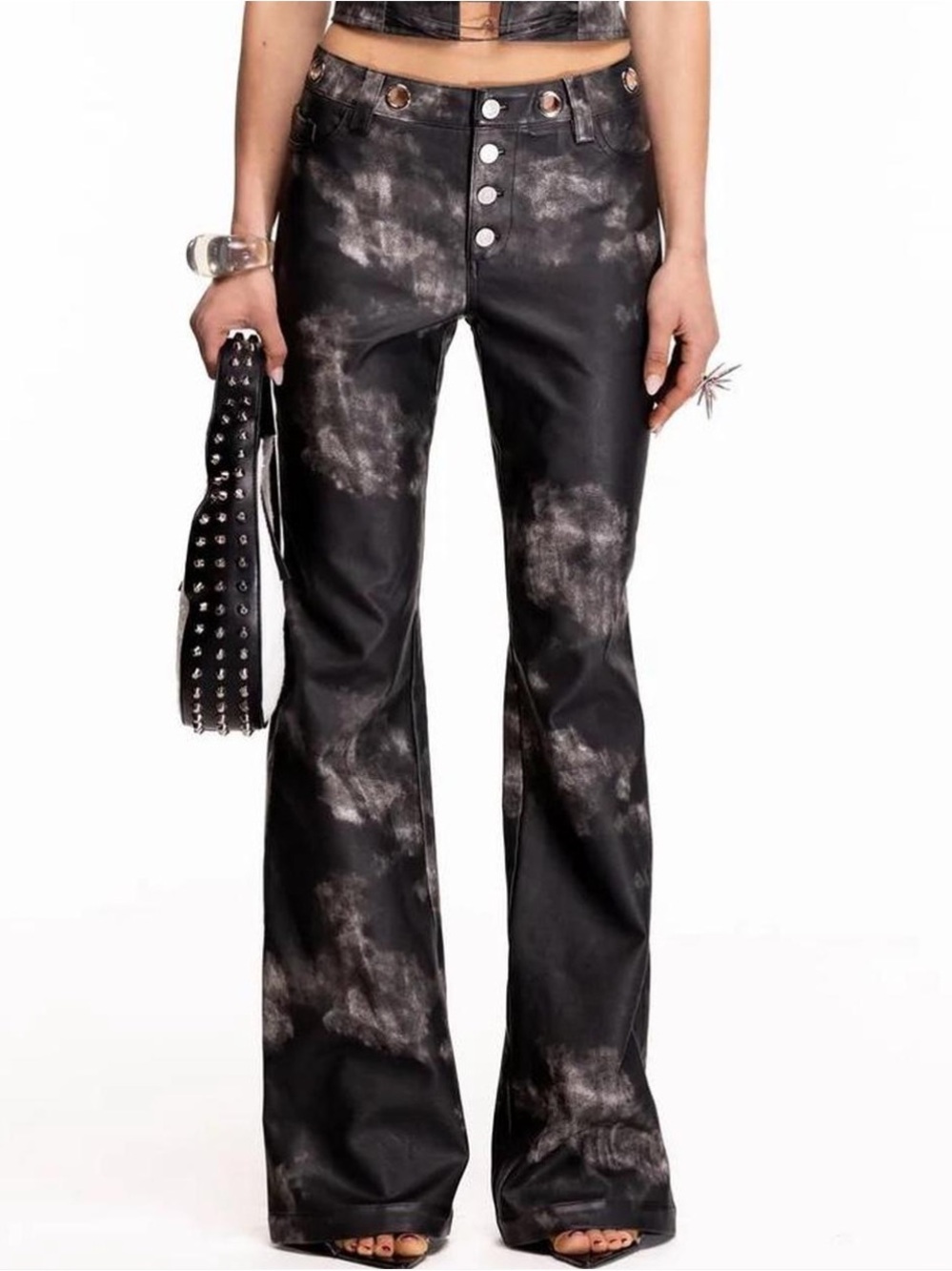 THE KRIPT Inaya Coated Faux Leather Structured Denim Pants Grommets Black Gray S